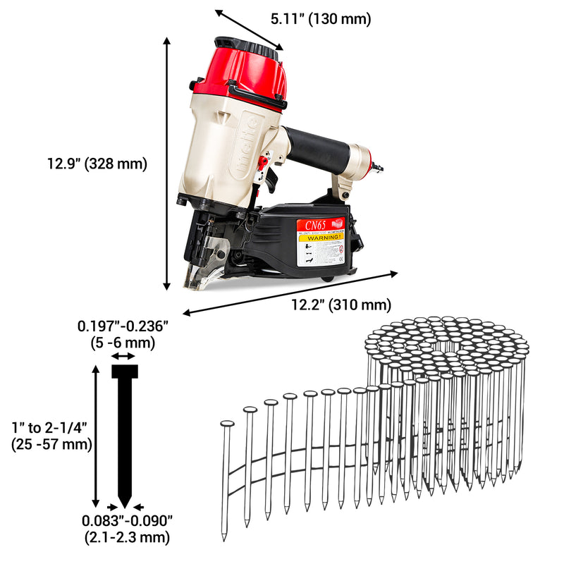 Length, width, height, and compatible coil nails of meite USA CN65 2-1/2'' Pneumatic Coil Siding Nailer in white background