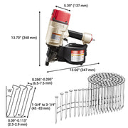 Length, width, height, and compatible coil nails of meite USA CN80B Coil Pallet Nailer in white background