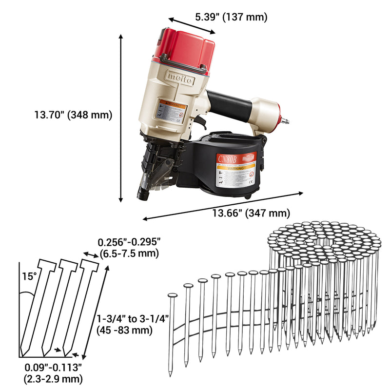 Length, width, height, and compatible coil nails of meite USA CN80B Coil Pallet Nailer in white background