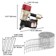 Length, width, height, and compatible coil nails of meite USA CN90 Coil Pallet Nailer in white background