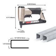 Length, width and height and compatible size staples of meite USA MT8016 21 gauge 1/2'' crown upholstery stapler