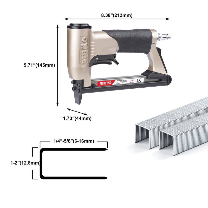 Length, width and height and compatible size staples of meite USA MT8016 21 gauge 1/2'' crown upholstery stapler