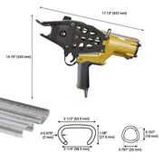 Length, width, height, and compatible hog rings of meite USA MTC600 14Ga 2-1/4" Crown Pneumatic Hog Ringer in white background
