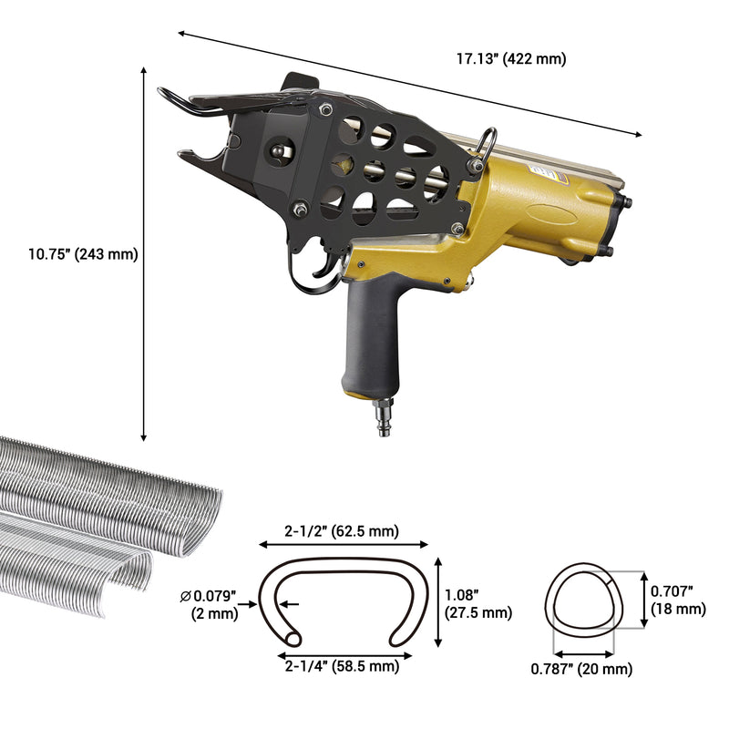 Length, width, height, and compatible hog rings of meite USA MTC600 14Ga 2-1/4" Crown Pneumatic Hog Ringer in white background