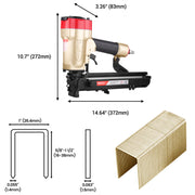 Meite USA PW2638-L 16Ga upholstery stapler dimension and compatible staple size diagram on a white background