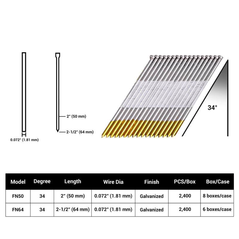 Size specification chart for meite USA 15 gauge 34 degree DA type angled finish nails