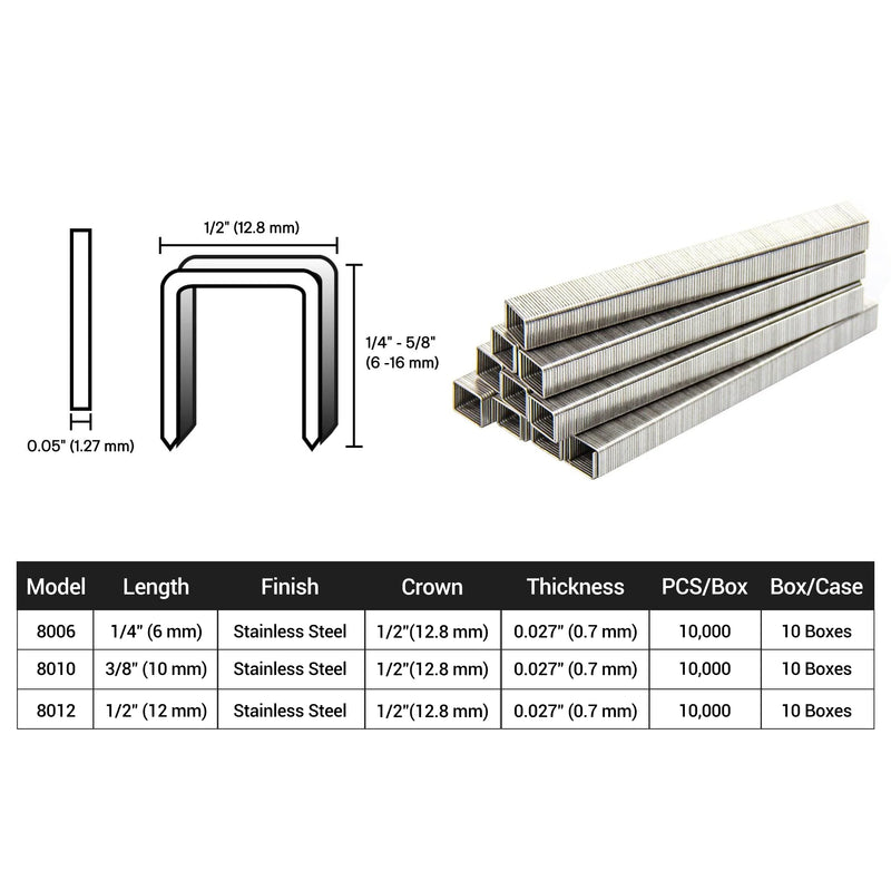 Size specification chart of meite USA 21Ga 1/2" Crown 304 Stainless Steel Fine Wire Staples in white background