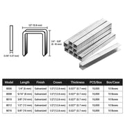 Size specification chart of meite USA 21Ga 1/2" Crown Fine Wire Staples in white background