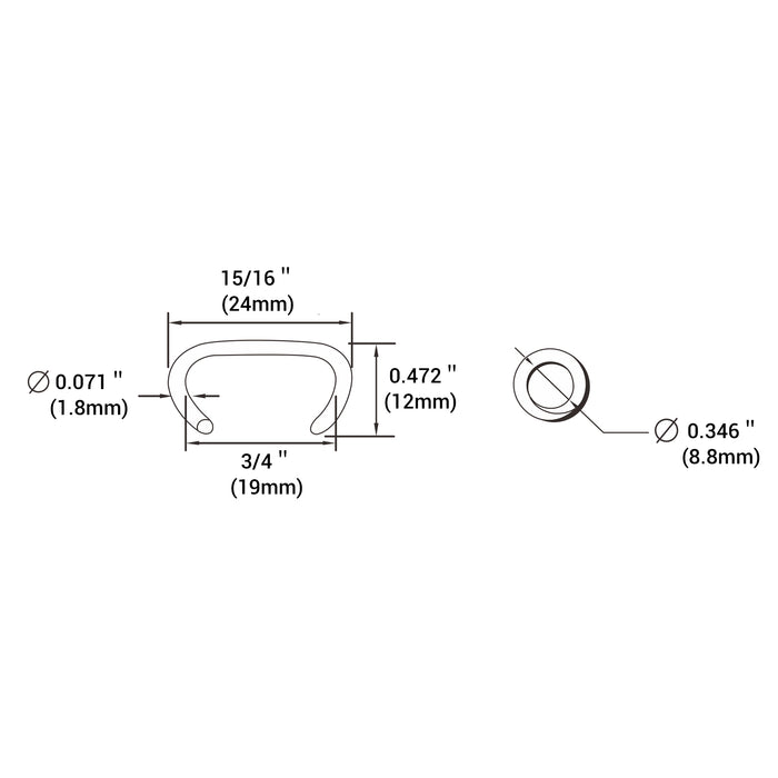 Sketch size information of Meite USA 15 gauge 3/4" crown hog rings, 8.8mm closure diameter, 3/4 inch inter crown, and 15/16 inch outer crown 