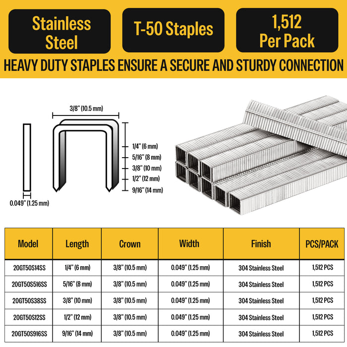 20Ga T-50 304 Stainless Steel Staples 3/8" Crown 1/4" to 1/2" Length