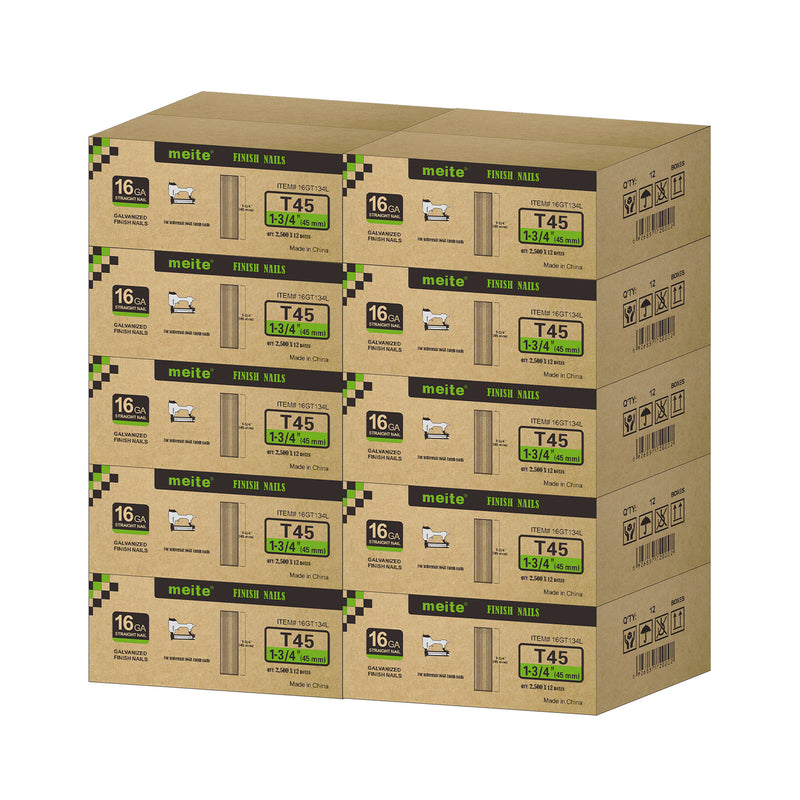 Meite USA 16 gauge 1-3/4 inch length finish nails, 10 cases at 12 boxes per case, displayed on a white background