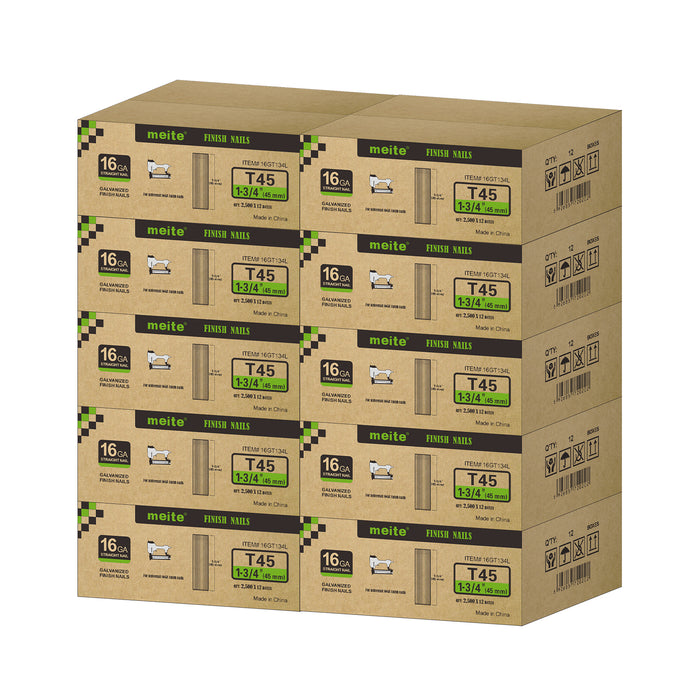 Meite USA 16 gauge 1-3/4 inch length finish nails, 10 cases at 12 boxes per case, displayed on a white background