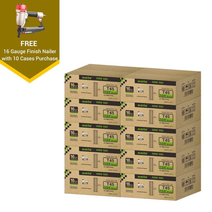 Meite USA 16 gauge 1-3/4 inch length finish nails, 10 cases at 12 boxes per case, displayed with one included 16 gauge finish nailers on a white background