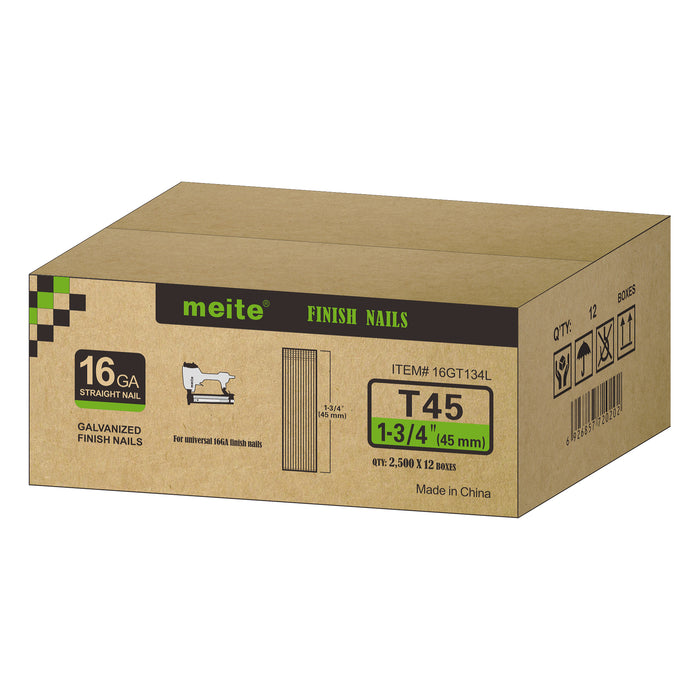 Meite USA 16 gauge 1-3/4 inch length finish nails case at 12 box per case displayed on a white background