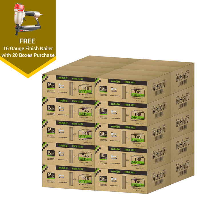 Meite USA 16 gauge 1-3/4 inch length finish nails, 20 cases at 10 boxes per case, displayed with one included 16 gauge finish nailer on a white background