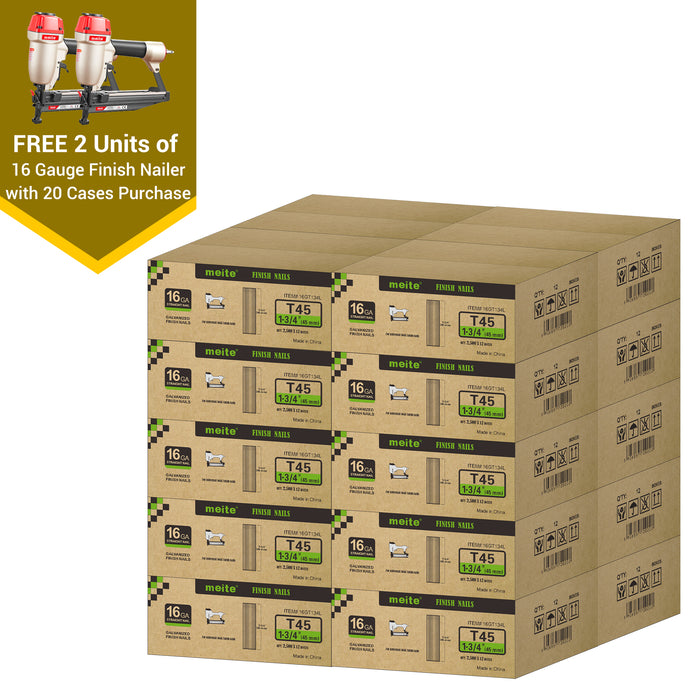 Meite USA 16 gauge 1-3/4 inch length finish nails, 20 cases at 12 boxes per case, displayed with two included 16 gauge finish nailers on a white background
