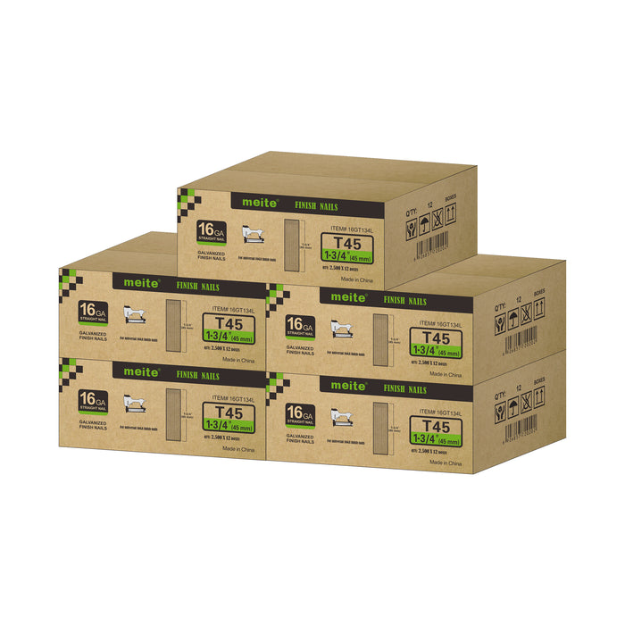 Meite USA 16 gauge 1-3/4 inch length finish nails, 5 cases at 12 boxes per case, displayed on a white background