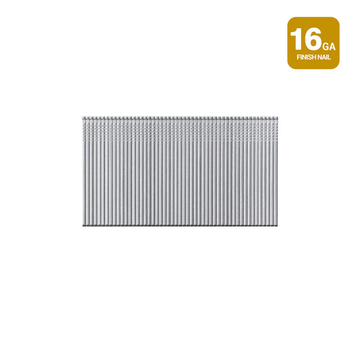 Meite USA 16 gauge 1-1/4 inch length finish nails displayed in a single strip on a white background
