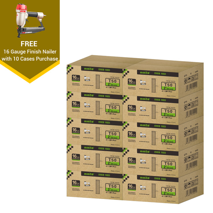 Meite USA 16 gauge 2 inch length finish nails, 10 cases at 12 boxes per case, displayed with one included 16 gauge finish nailers on a white background