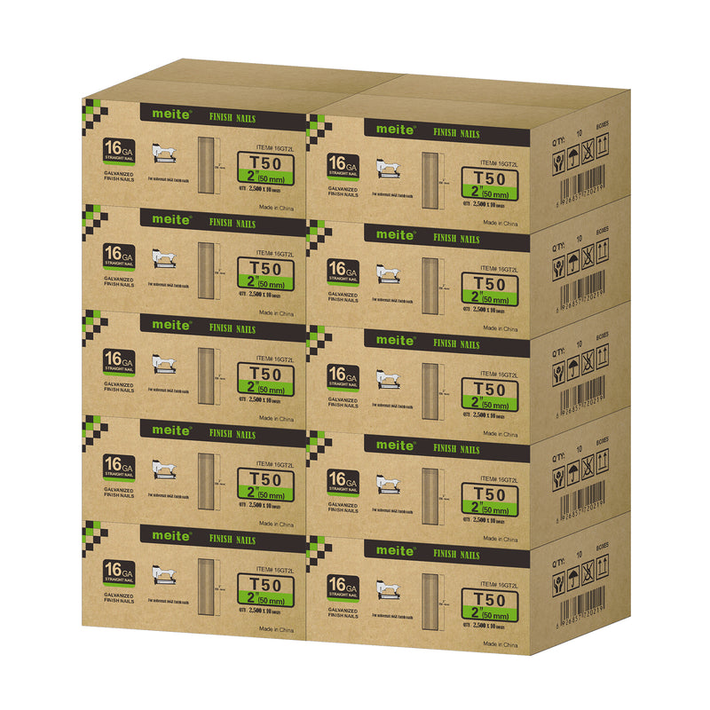 Meite USA 16 gauge 2 inch length finish nails, 10 cases at 12 boxes per case, displayed on a white background