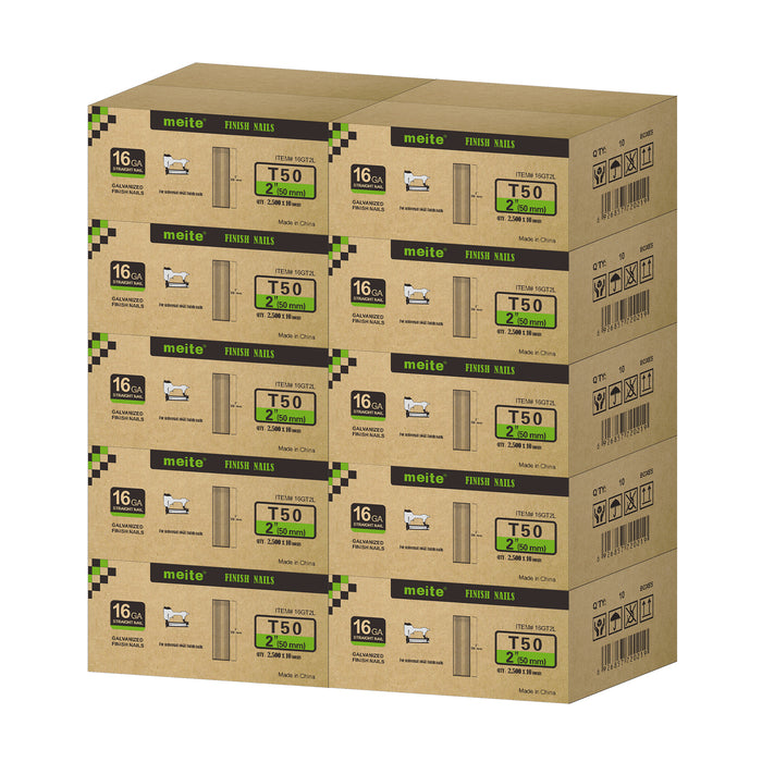 Meite USA 16 gauge 2 inch length finish nails, 10 cases at 12 boxes per case, displayed on a white background
