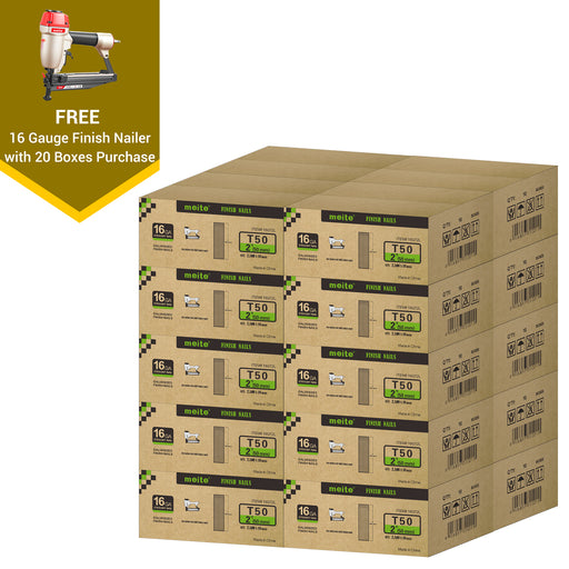 Meite USA 16 gauge 2 inch length finish nails, 20 cases at 12 boxes per case, displayed with one included 16 gauge finish nailer on a white background