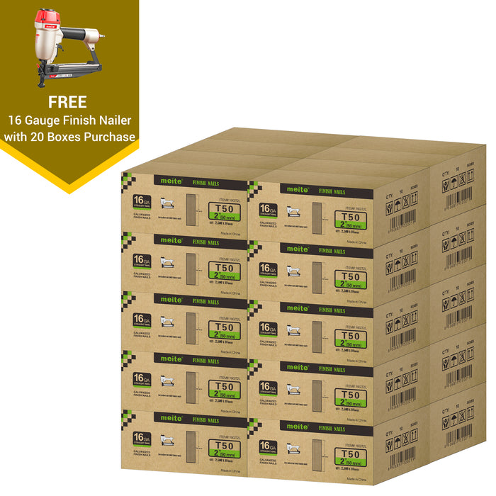 Meite USA 16 gauge 2 inch length finish nails, 20 cases at 12 boxes per case, displayed with one included 16 gauge finish nailer on a white background
