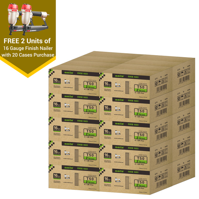 Meite USA 16 gauge 2 inch length finish nails, 20 cases at 12 boxes per case, displayed with two included 16 gauge finish nailers on a white background