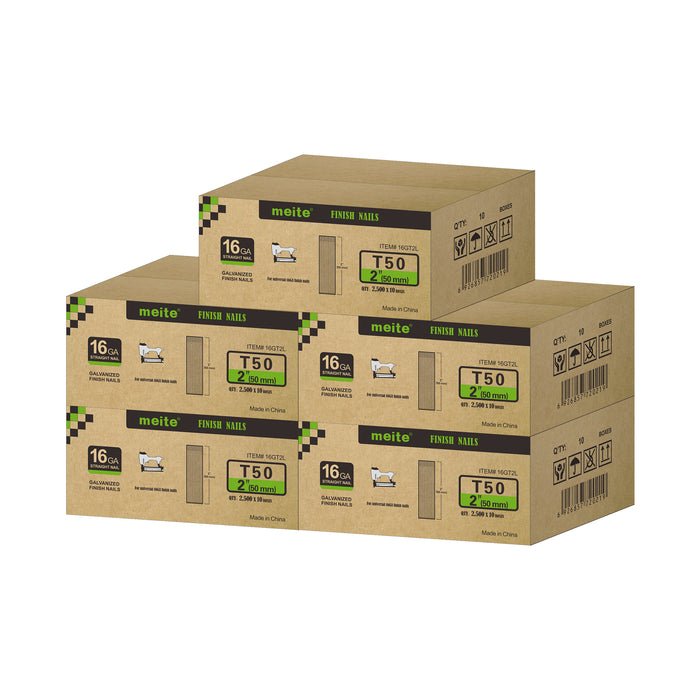 Meite USA 16 gauge 2 inch length finish nails, 5 cases at 12 boxes per case, displayed on a white background
