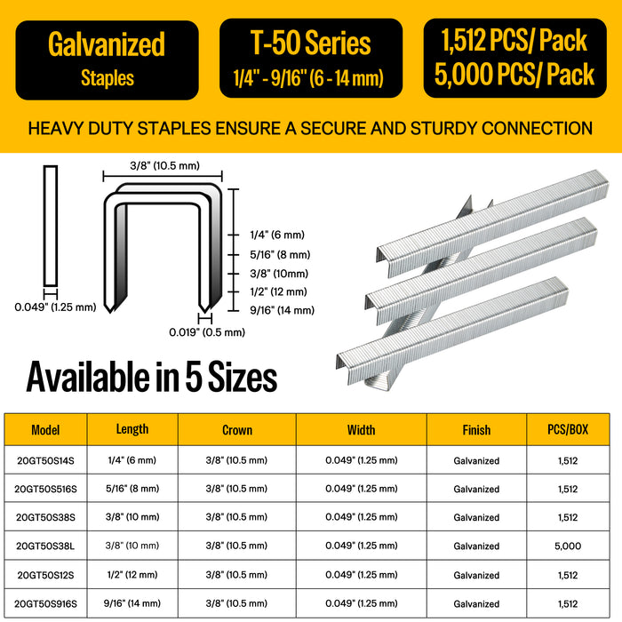 20Ga T-50 Galvanized Staples 3/8" Crown 1/4" to 9/16" Length