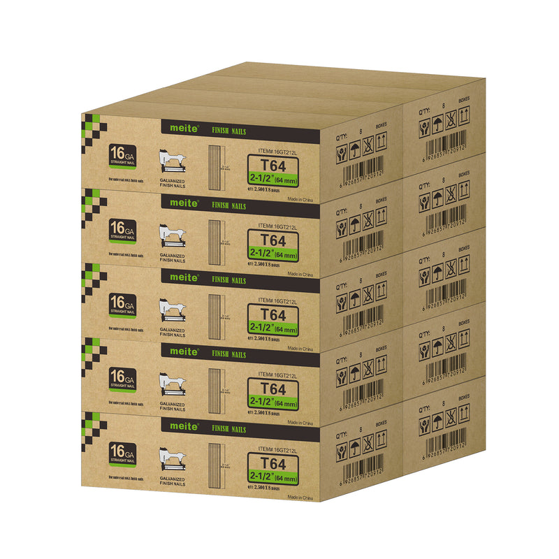 Meite USA 16 gauge 2-1/2 inch length finish nails, 10 cases at 10 boxes per case, displayed on a white background