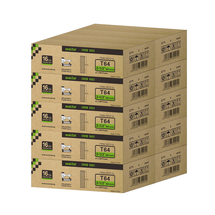 Meite USA 16 gauge 2-1/2 inch length finish nails, 10 cases at 10 boxes per case, displayed on a white background