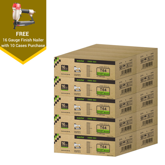 Meite USA 16 gauge 2-1/2 inch length finish nails, 10 cases at 10 boxes per case, displayed with one included 16 gauge finish nailers on a white background