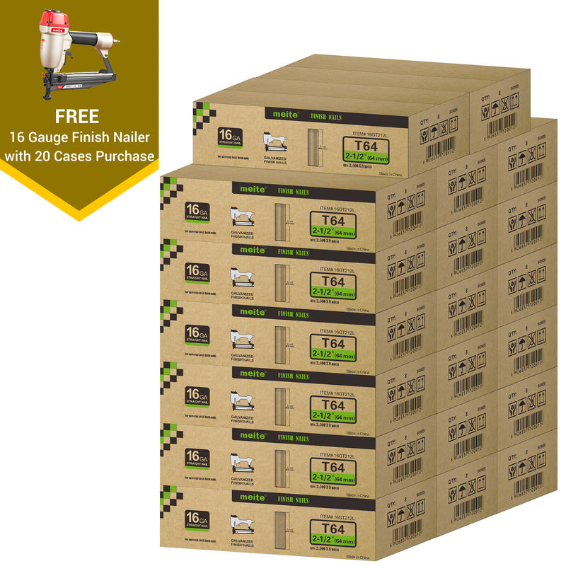 Meite USA 16 gauge 2-1/2 inch length finish nails, 20 cases at 10 boxes per case, displayed with one included 16 gauge finish nailer on a white background
