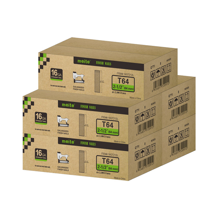 Meite USA 16 gauge 2-1/2 inch length finish nails, 5 cases at 10 boxes per case, displayed on a white background
