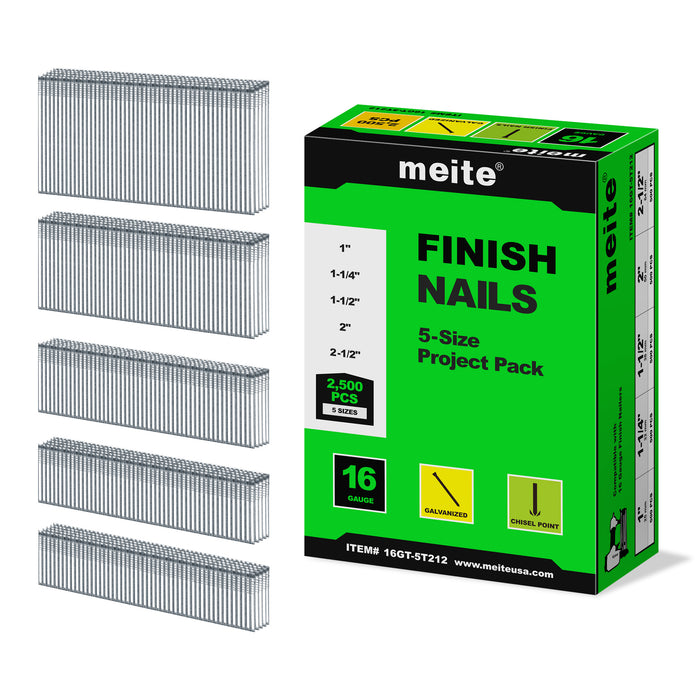 One box pack of meite USA 16 gauge 1 inch length finish nails, 5 size in one pack, showing with 1'', 1 1/4'', 1 1/2'', 2'', 2 1/2'' nails on white background