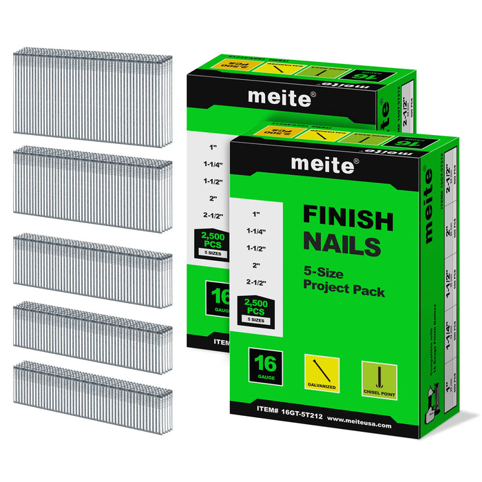 Two boxes pack of meite USA 16 gauge 1 inch length finish nails, 5 size in one pack, showing with 1'', 1 1/4'', 1 1/2'', 2'', 2 1/2'' nails on white background