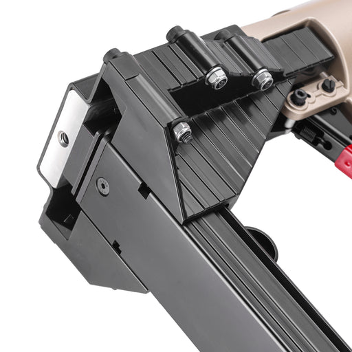 Close-up of meite USA ADCS-19 pneumatic carton stapler trigger on a white background