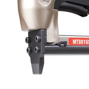 Detailed view of meite USA MT8016S 21 gauge 1/2'' crown pneumatic upholstery stapler showing metal muzzle and trigger for stapling work.