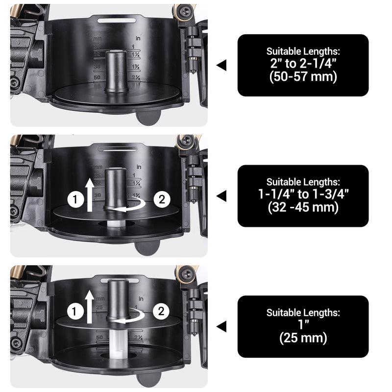 Tutorail to adjust nailing length of meite USA CN55 Pneumatic Coil Siding Nailer in white background
