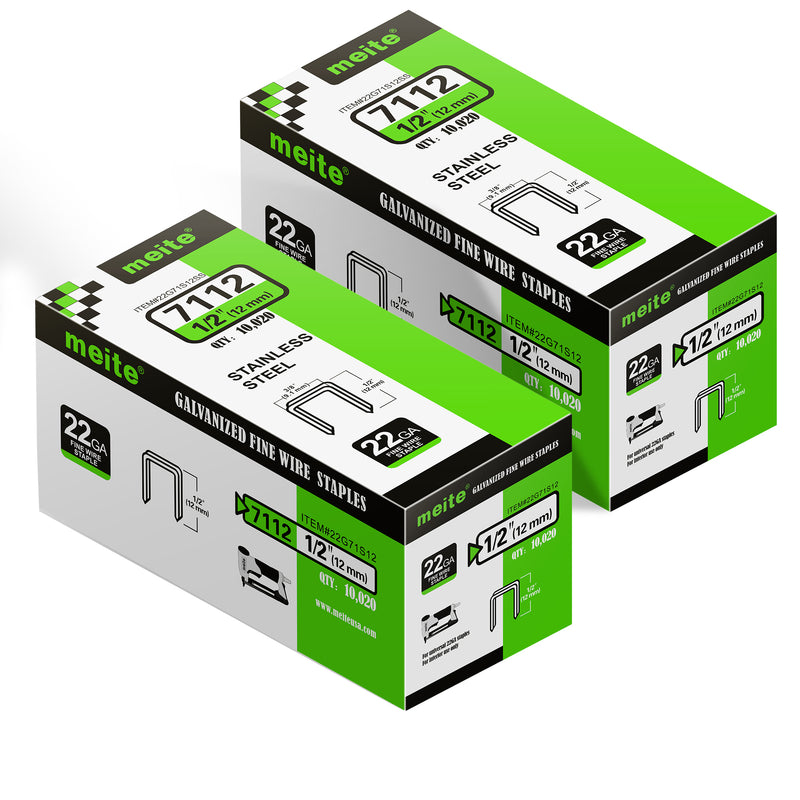 Two boxes of meite USA 22Ga 3/8 inch crown 1/2'' length 304 stainless steel upholstery staples with 10020 pieces per box, displayed on a white background