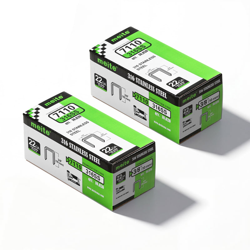 Two boxes of meite USA 22Ga 3/8 inch crown 3/8'' length 316 stainless steel upholstery staples with 10020 pieces per box, displayed on a white background