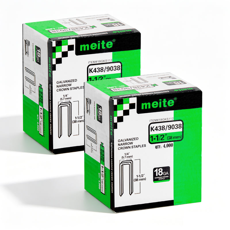 Two boxes of meite USA 18 gauge 1/4" narrow crown 1-1/2'' length staples with 8000 pieces displayed on a white background