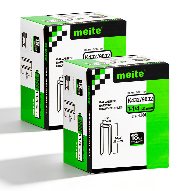 Two boxes of meite USA 18 gauge 1/4" narrow crown 1-1/4'' length staples with 8000 pieces displayed on a white background