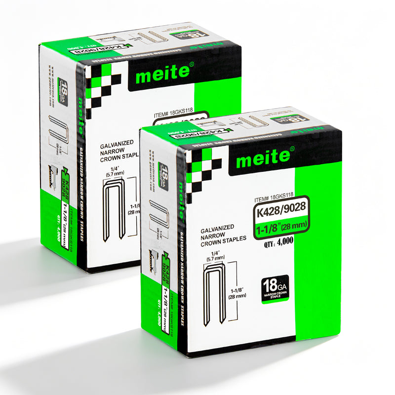 Two boxes of meite USA 18 gauge 1/4" narrow crown 1-1/8'' length staples with 8000 pieces displayed on a white background