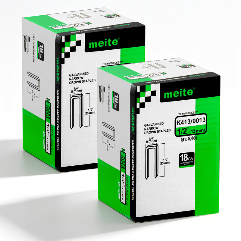 Two boxes of meite USA 18 gauge 1/4" narrow crown 1/2'' length staples with 16000 pieces displayed on a white background