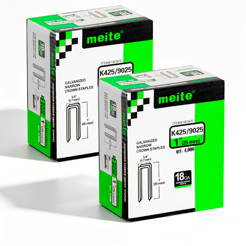Two boxes of meite USA 18 gauge 1/4" narrow crown 1'' length staples with 8000 pieces displayed on a white background