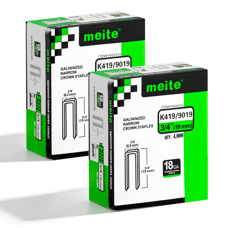 Two boxes of meite USA 18 gauge 1/4" crown 3/4'' length staples with 8000 pieces displayed on a white background
