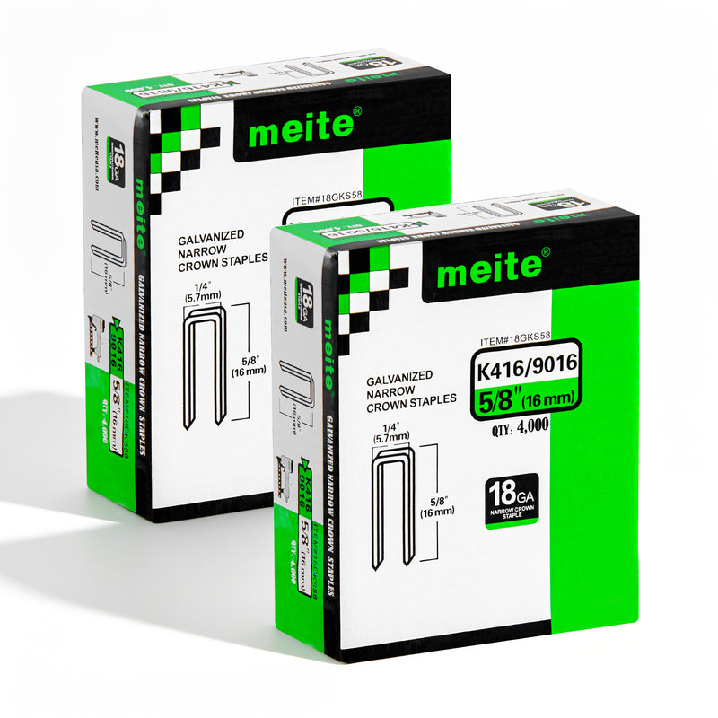Two boxes of meite USA 18 gauge 1/4" narrow crown 5/8'' length staples with 8000 pieces displayed on a white background