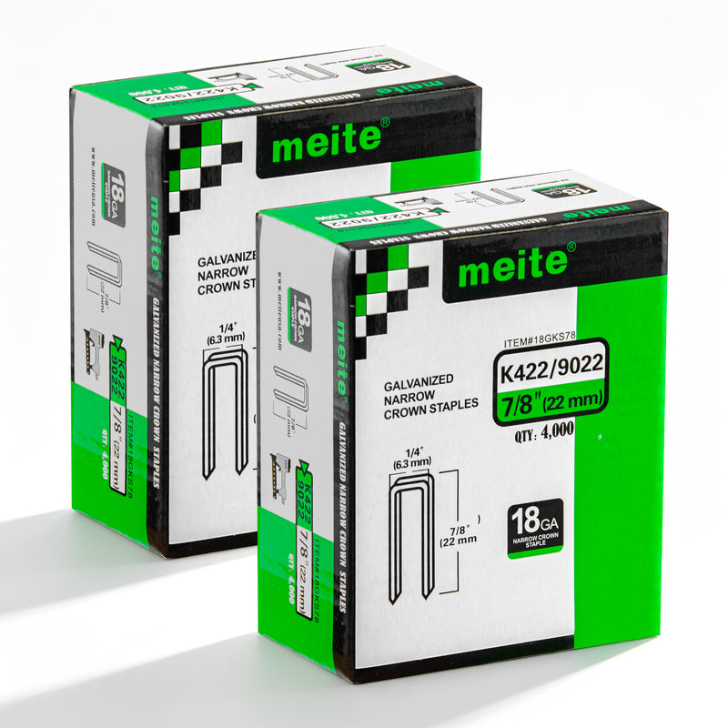 Two boxes of meite USA 18 gauge 1/4" crown 7/8'' length staples with 8000 pieces displayed on a white background